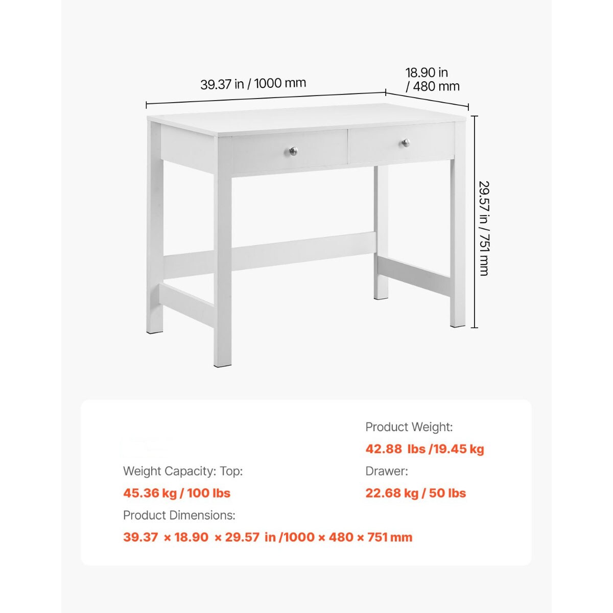 White Kids Desk with Drawers, Small Study Table for Bedroom Reading and Writing