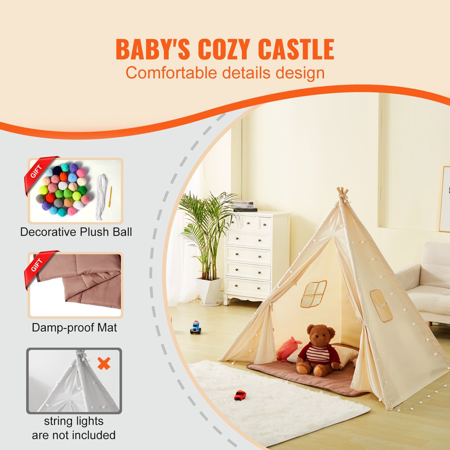 Kids Teepee Tent, Indoor Outdoor Play Tent with Mat and Plush Balls