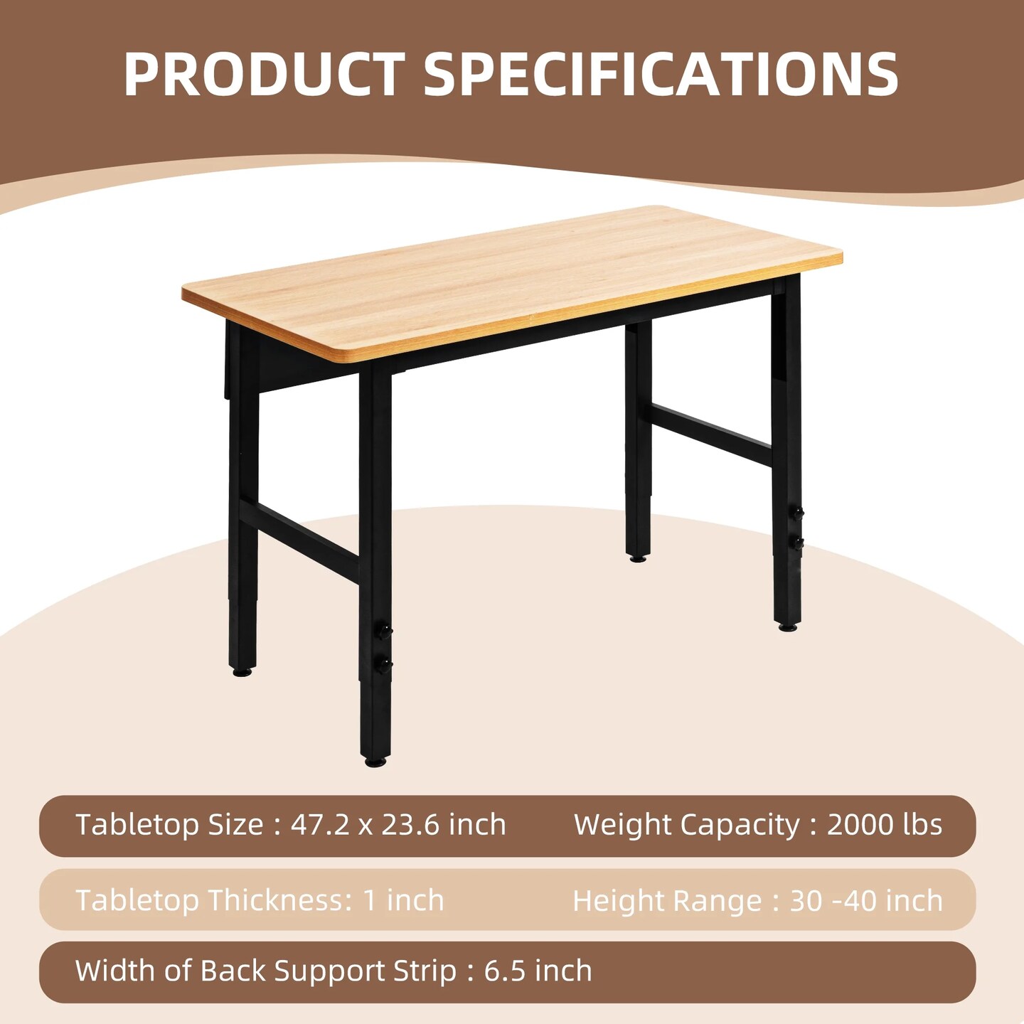 spanspace 48" Heavy-Duty Adjustable Workbench, Multi-Purpose Hardwood Top Worktable with Metal Frame & Foot Pads,2000 lbs Load Capacity