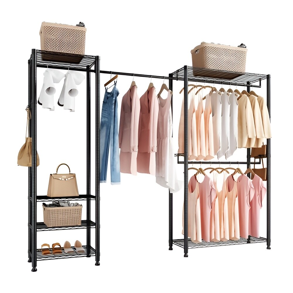 Black Carbon Steel 6-Tier Rolling Clothes Rack with Hooks and Rods