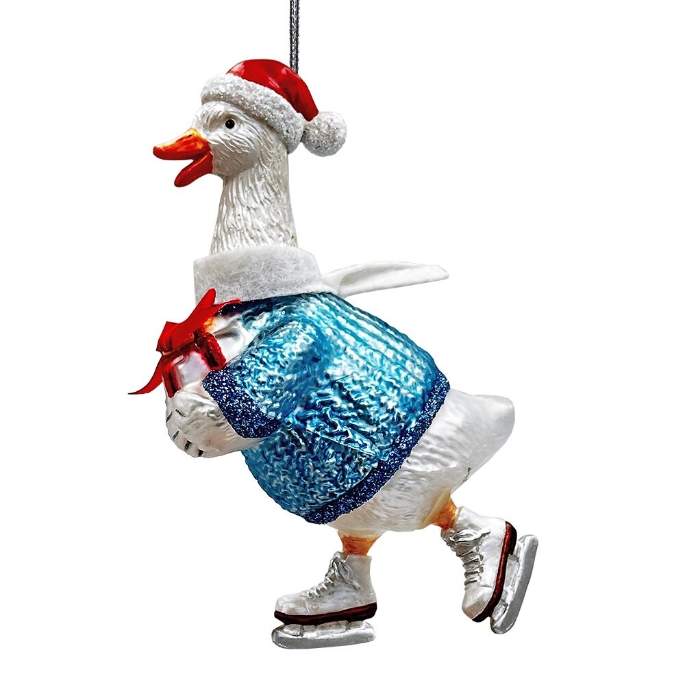 Playful Goose in Skates Glass Christmas Ornament, Whimsical Cute Duck Tree Decor