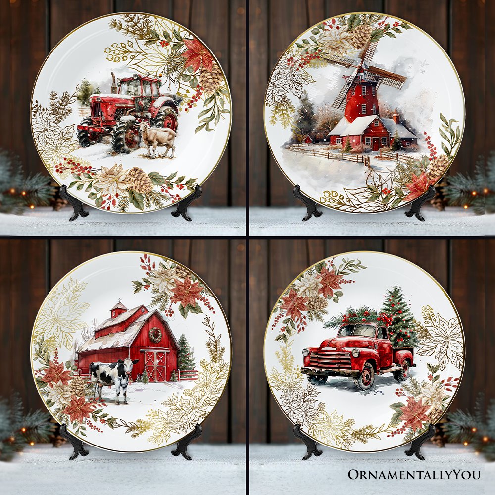 Farmhouse Christmas Set of 4 Plates with Real Gold Elements, Holiday Tableware Collection for Salad, Dessert, Appetizer, and Side Plates
