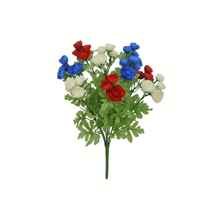 16" Artificial Red White Blue Mini Ranunculus Bush – Faux Floral Bouquet 84055-RDWTBL