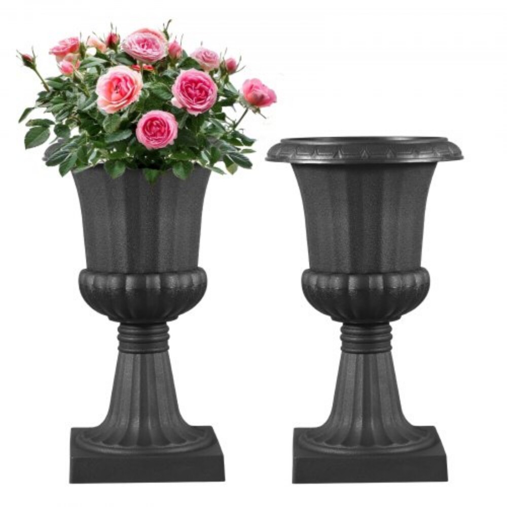 2-Pack Plastic Urn Planters, Black Classic Flower Pots for Indoor & Outdoor