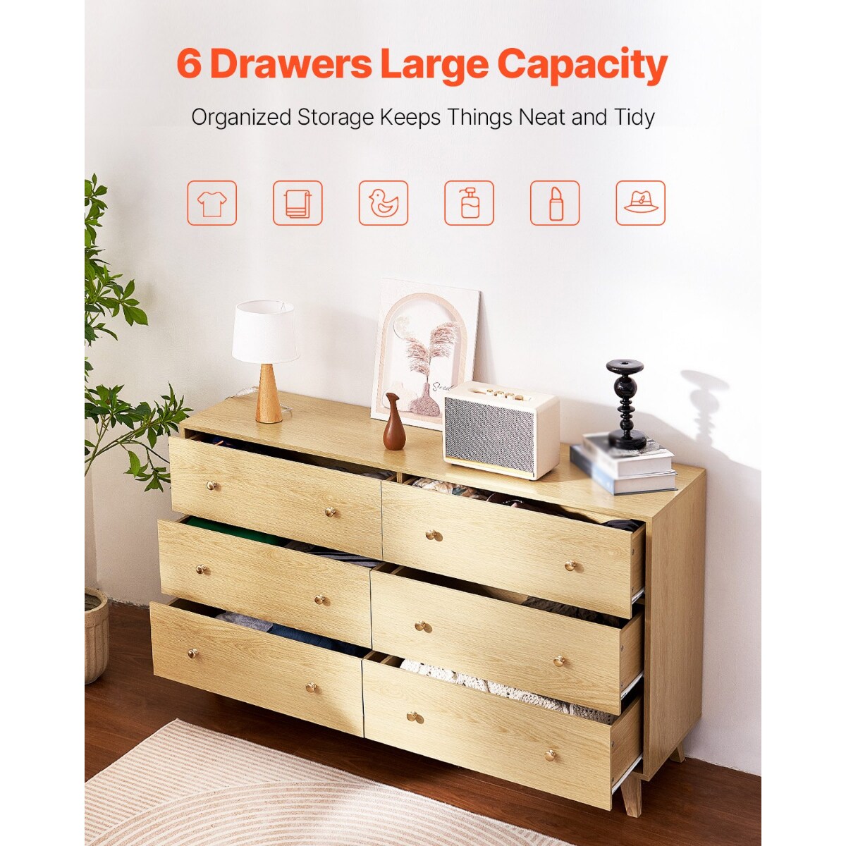 Modern 6 Drawer Wooden Dresser Light Wood Minimalist Storage Chest