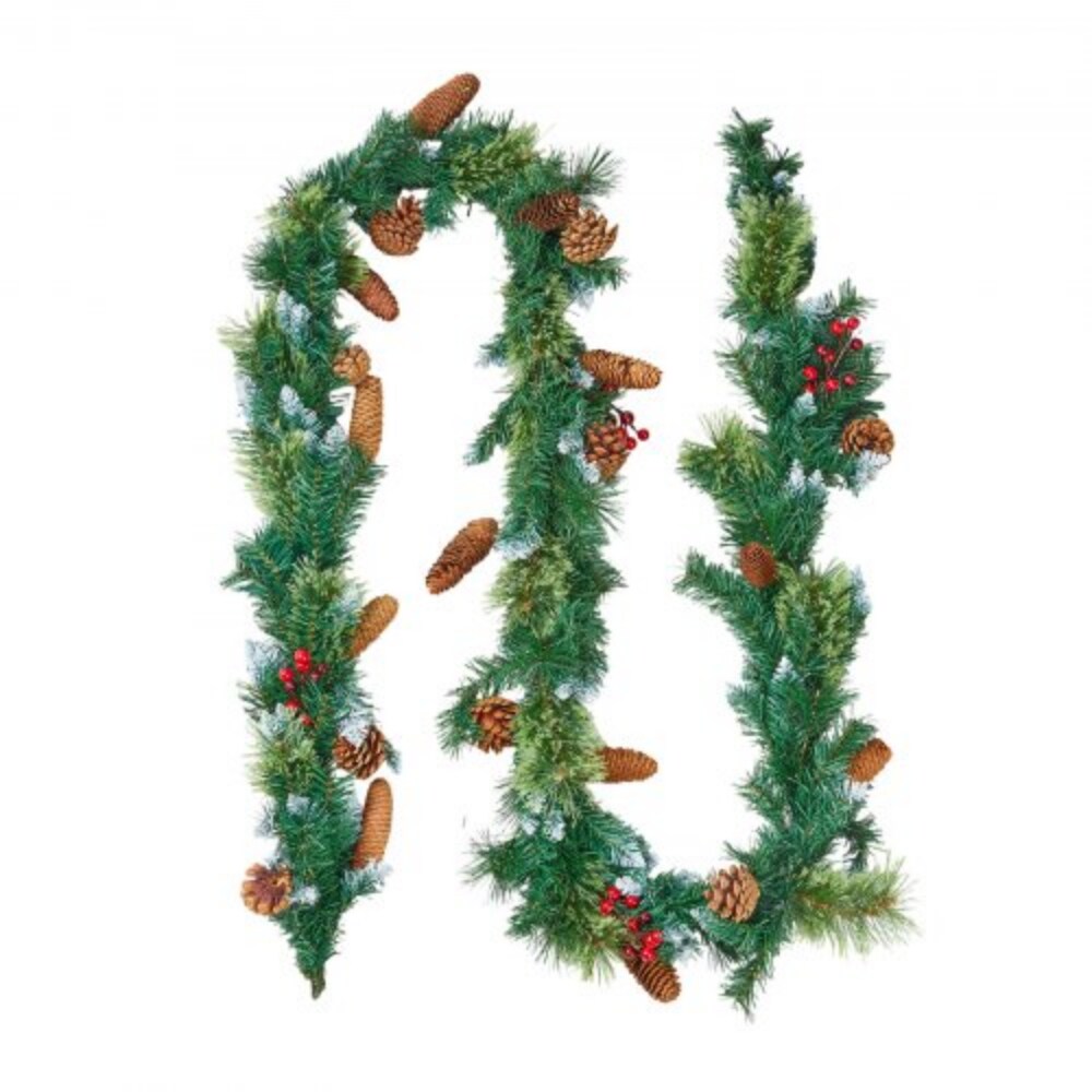 Christmas Garland 9 Foot with Lights Pine Cones and Berries for Mantel