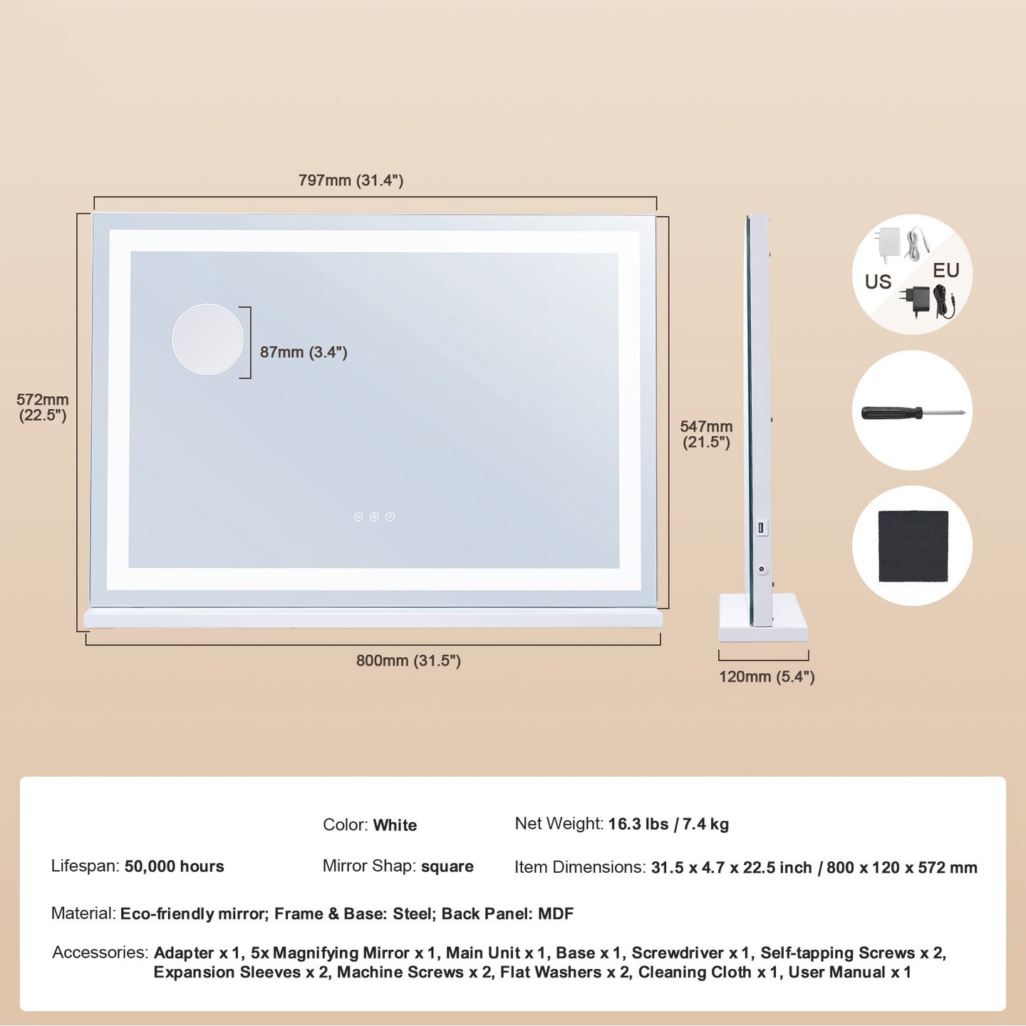 Square Vanity Mirror with LED Lights, 5X Magnifying Mirror & USB Charging