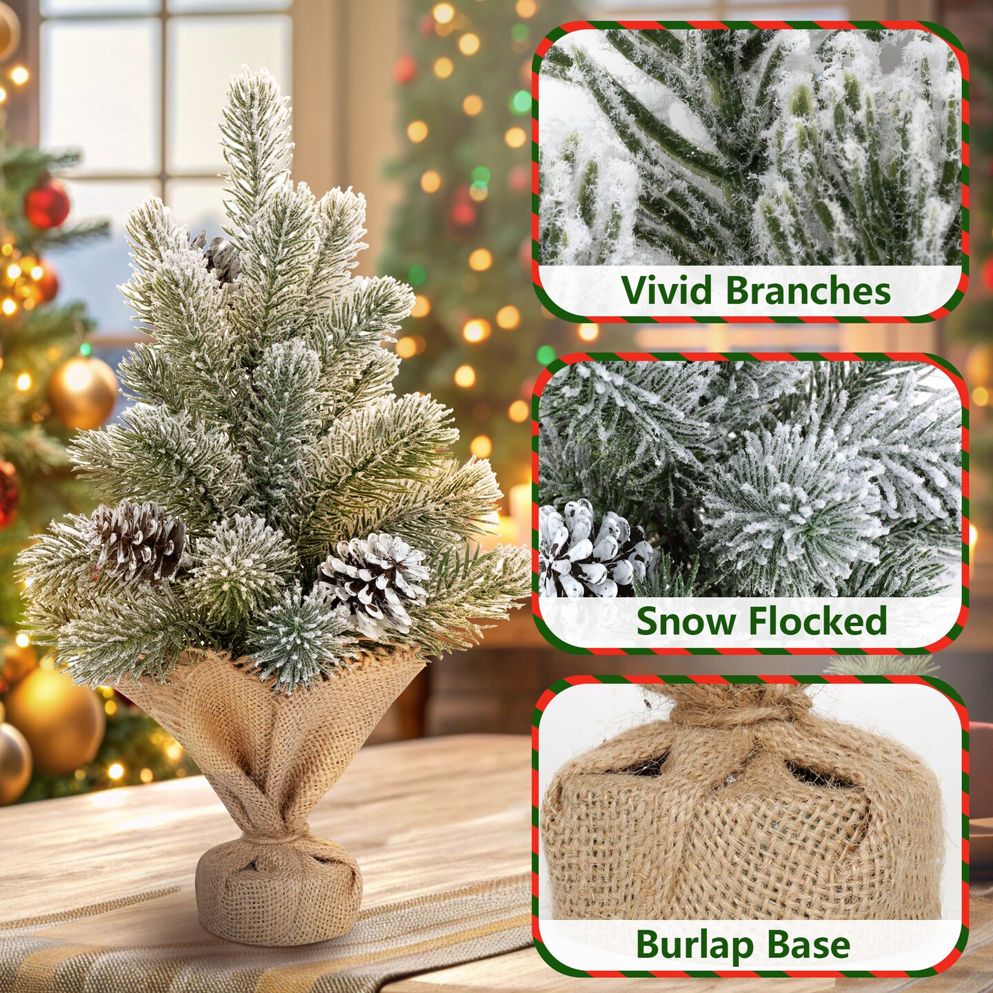 16" Mini Flocked Christmas Tree – Snowed Pine with Cones, Burlap Base, Small Tabletop Winter Holiday Decor