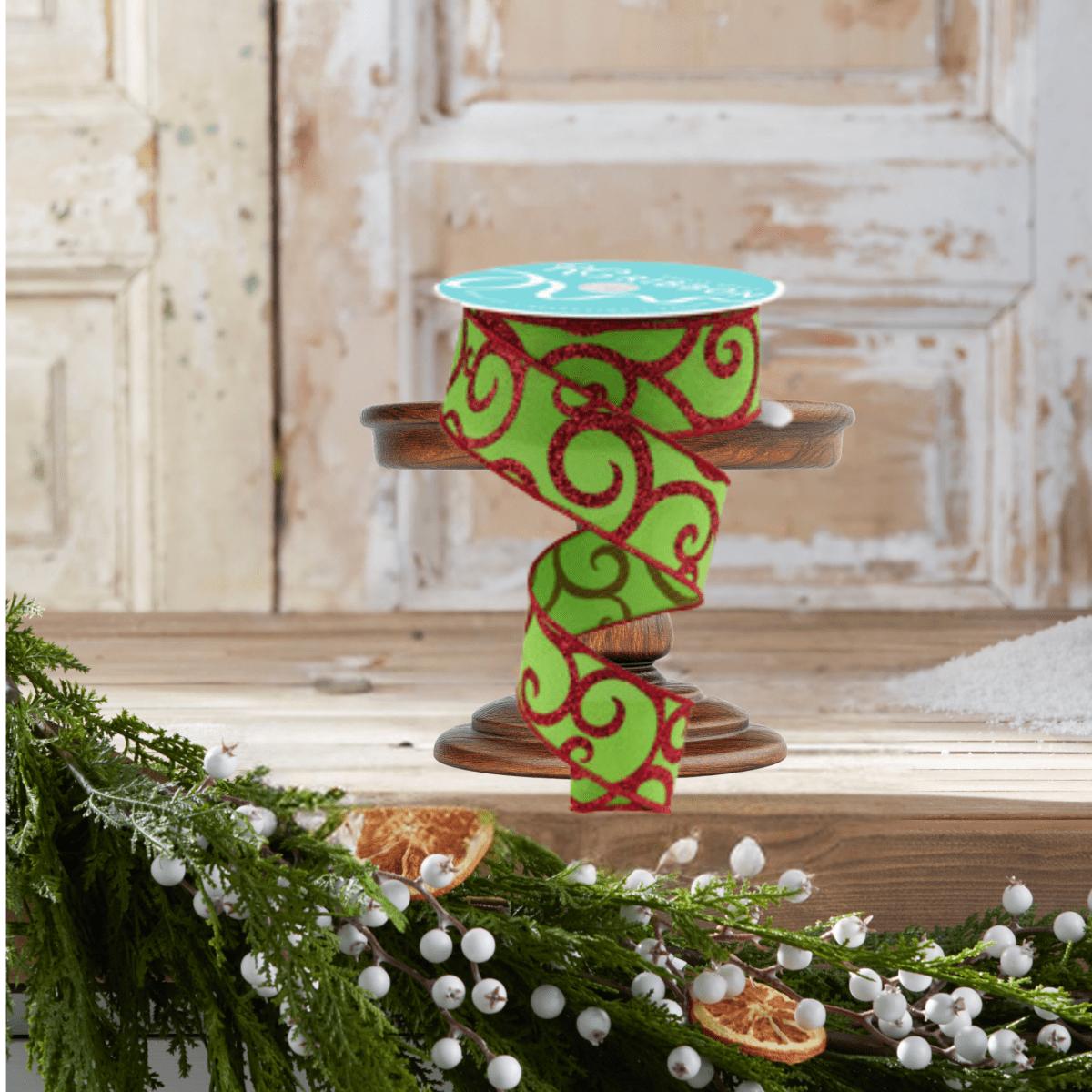 1.5&#x22; Glitter Swirl Ribbon: Green/Red (10 Yards)