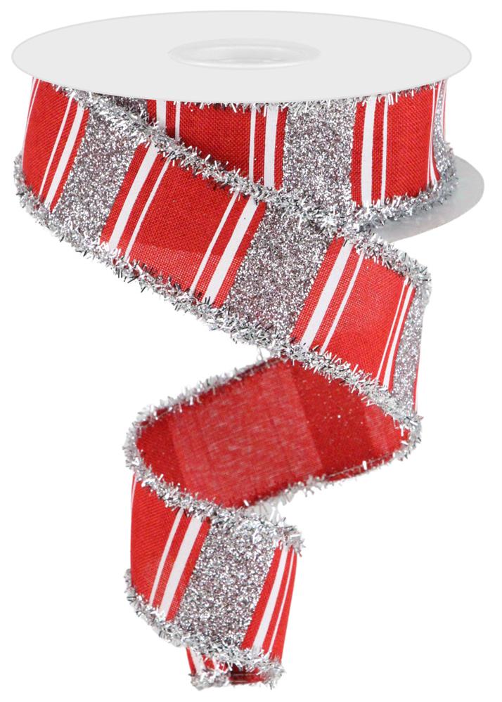 1.5"x10YD Multi Stripe Bold Glitter Tinsel Wired Christmas Ribbon - White/Red/Silver - Festive Sparkle for Holiday Crafts and Decor-RGA8273E2