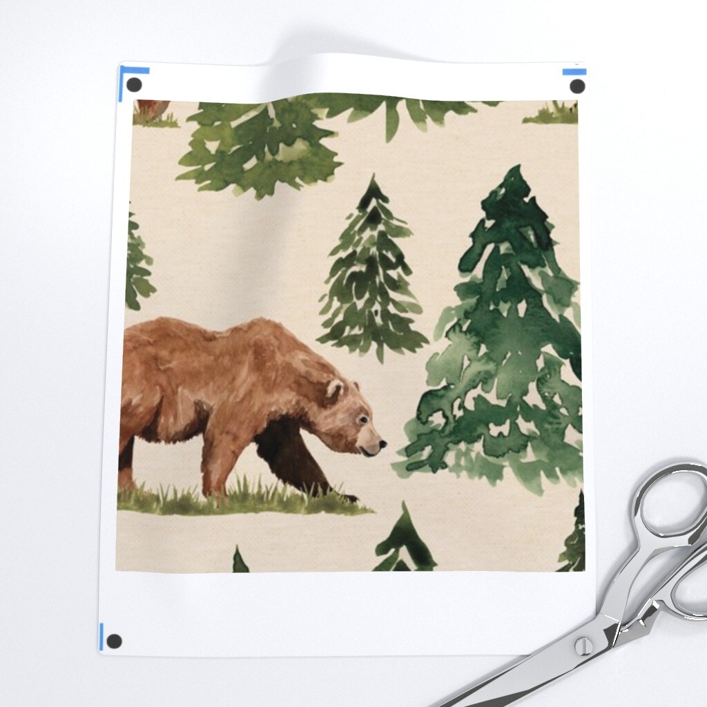 Nature Forest Woods Outdoors Wildlife Rustic Wilderness Watercolor National Park Brown Bear Pine Trees Woodland Custom Printed Fabric by Spoonflower Various Fabrics by the Yard or Fat Quarter 17099514