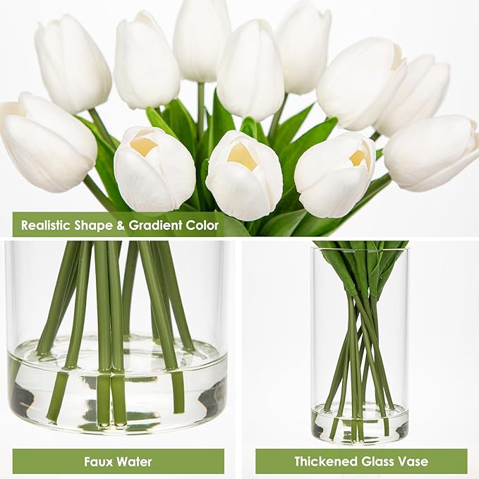 12 Pcs Artificial Real Touch Tulips in Glass Vase with Faux Water, White Tulip Fake Flower Arrangement for Dining Table, Home Decor, Wedding & Event Centerpieces