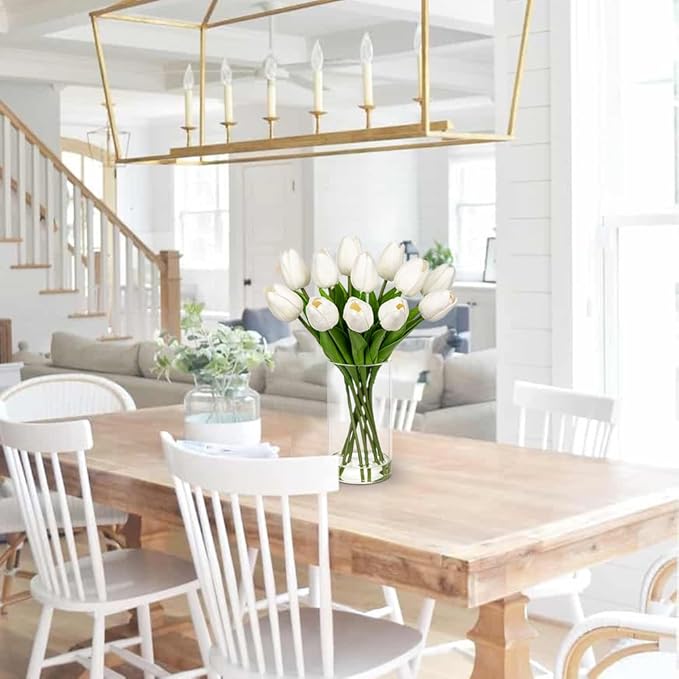 12 Pcs Artificial Real Touch Tulips in Glass Vase with Faux Water, White Tulip Fake Flower Arrangement for Dining Table, Home Decor, Wedding & Event Centerpieces