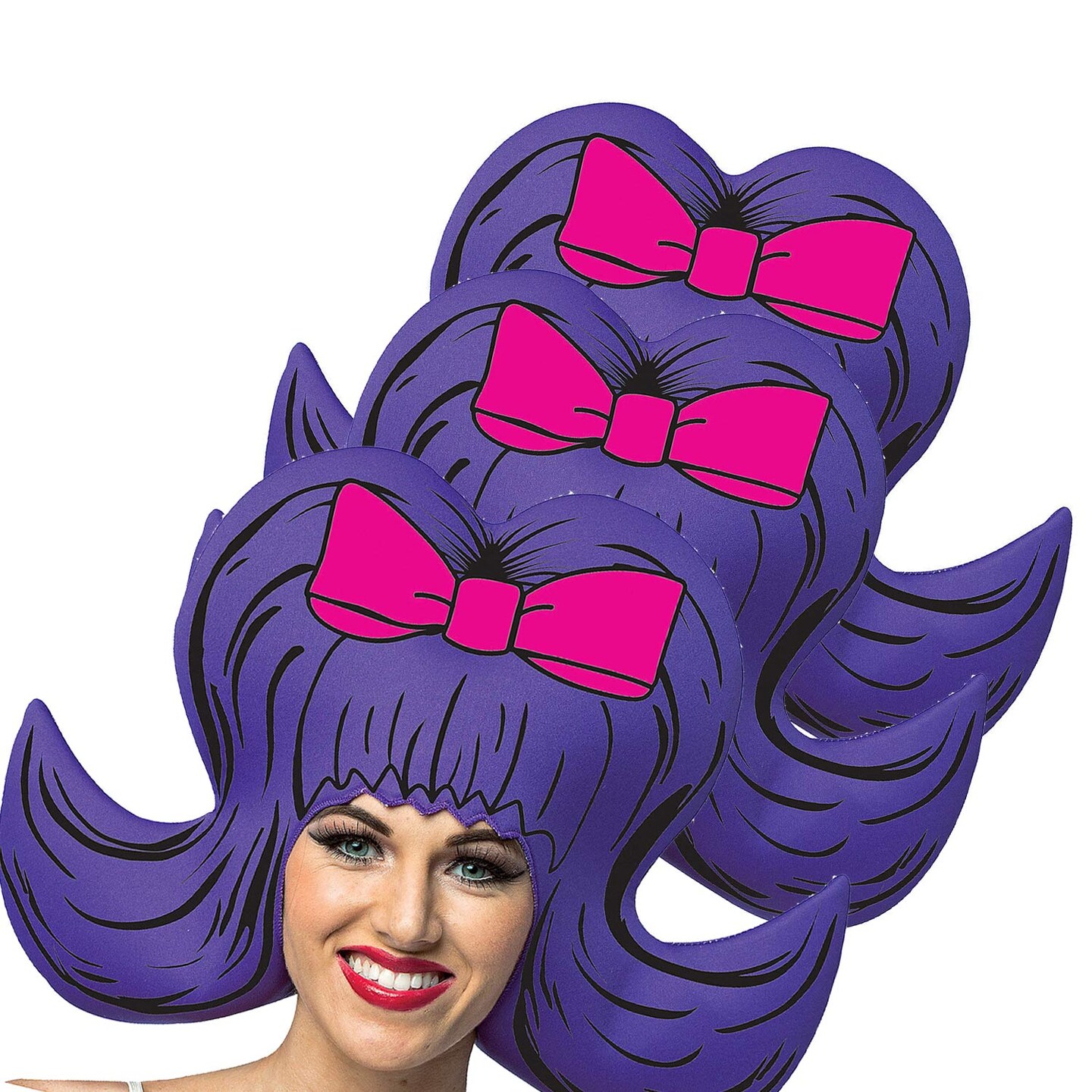 Bouffant Comic Wig Purple with Pink Bow
