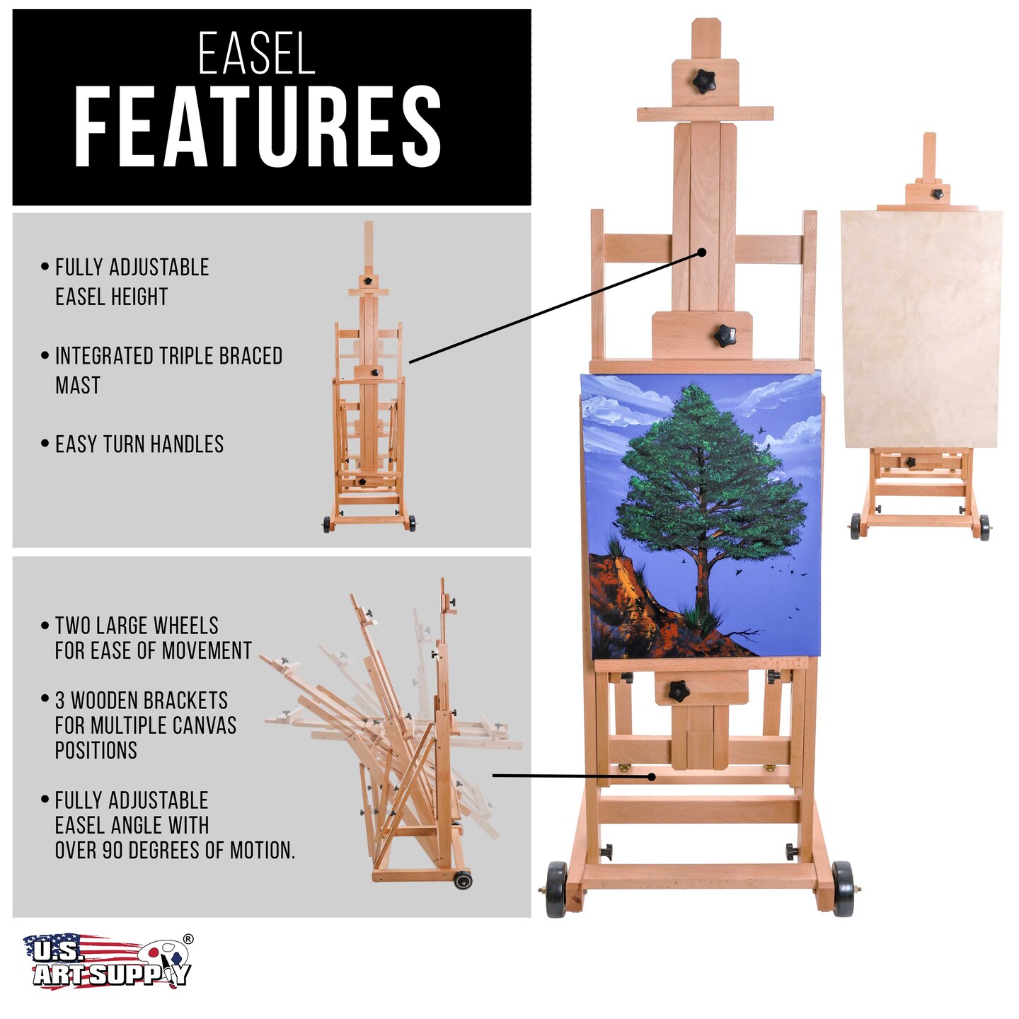 Multi-Function Studio Artist Wooden Floor Easel - Large Adjustable H-Frame, Tilts Flat, Mast Adjusts to 97&#x22; High - Sturdy Beechwood Painting Canvas