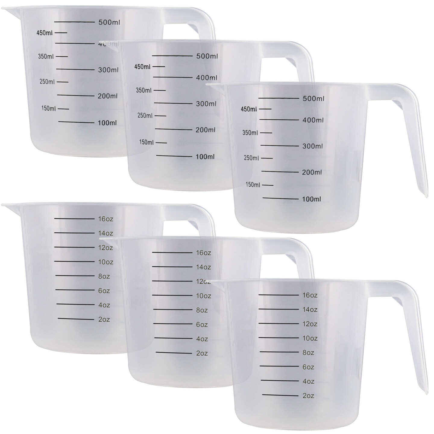 U.S. Kitchen Supply&#xAE; - 16 oz (500 ml) Plastic Graduated Measuring Cups with Pitcher Handles (Pack of 6), 2 Cup Capacity, Ounce ML Markings Measure Mix