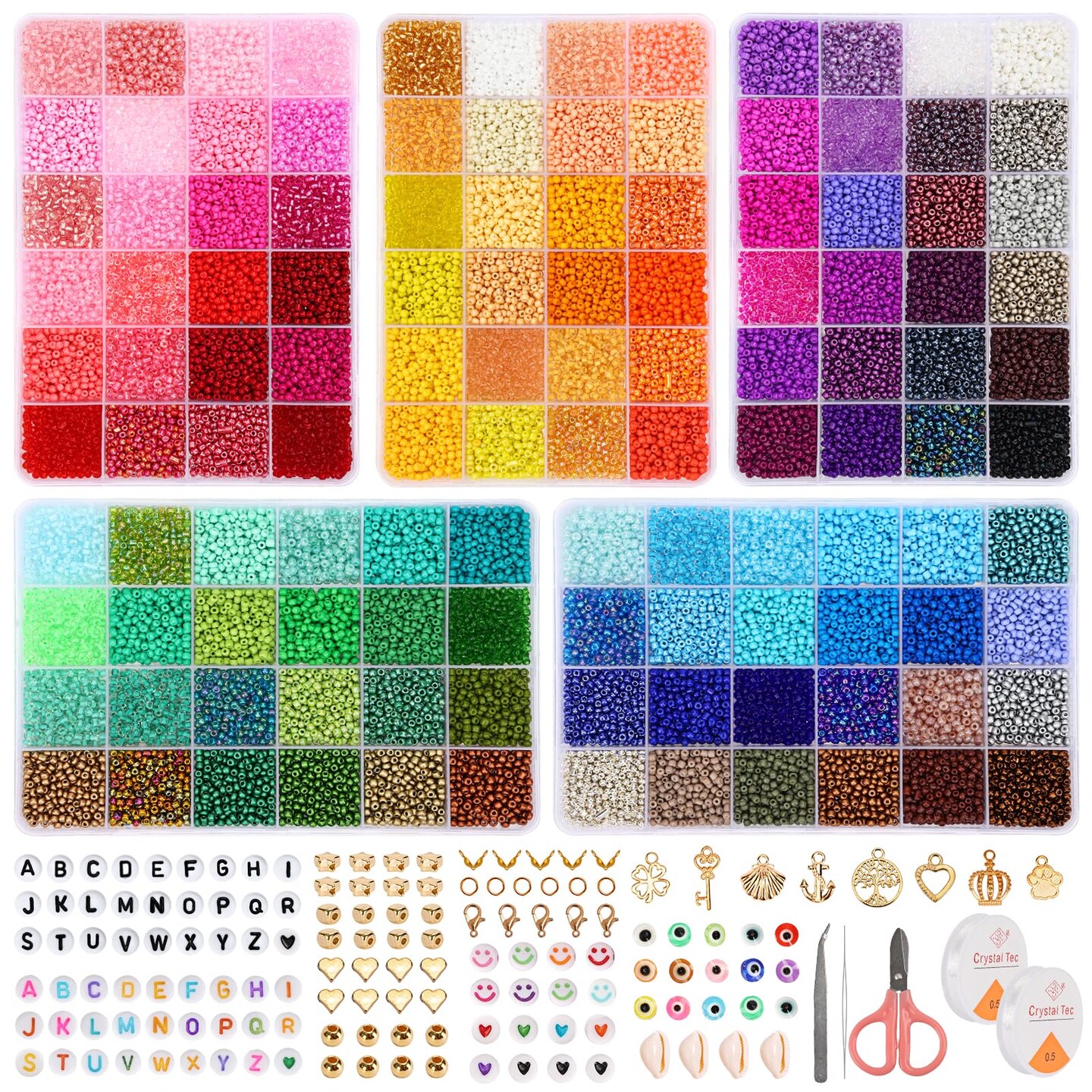 QUEFE 120 Colors Glass Seed Beads Friendship Bracelet Kit 36000pcs 3mm Beads for Bracelet Making Kit with Letter Beads Accessories Charms and Pendants Kit for Necklaces Making, DIY, Gift, Craft