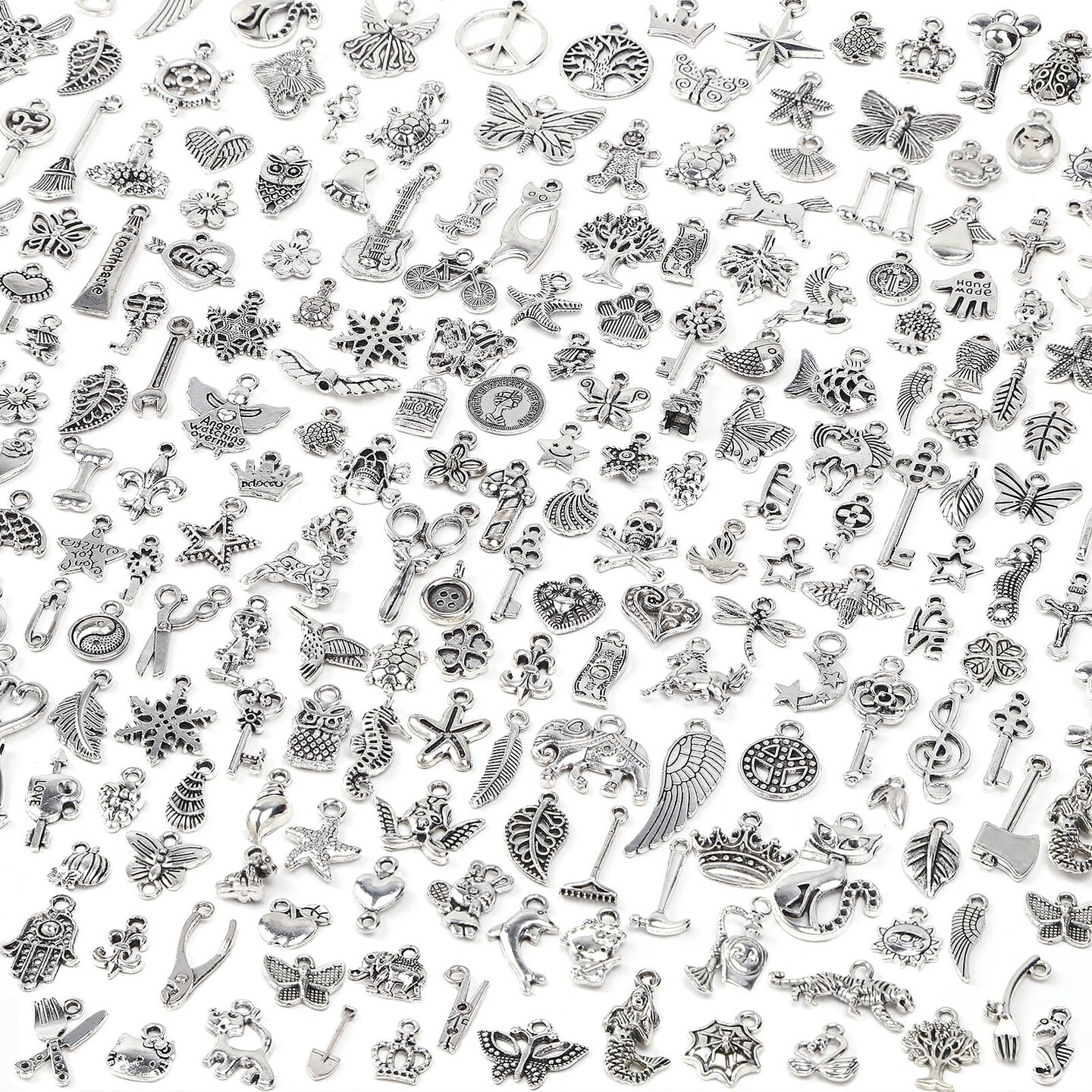 SANNIX 200Pcs Silver Charms for Jewelry Making, Assorted Tibetan Silver Bangle Charm Pendants for Bracelet Necklace Earrings Making Crafts