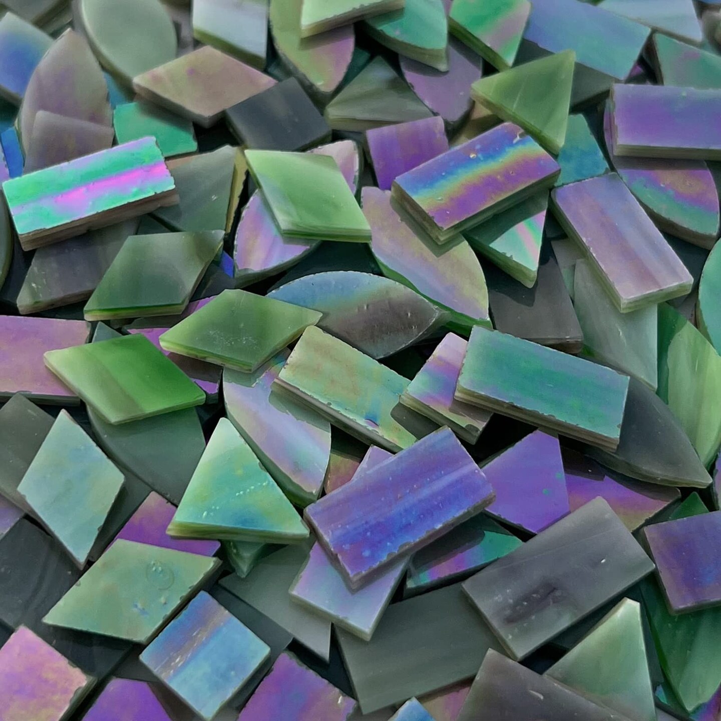 LITMIND Iridescent Glass Mosaic Tiles for Crafts, 240 Pieces 5 Shapes Mixed Stained Glass Pieces, Mosaic Kits for Adults (Iridescent LawnGreen)