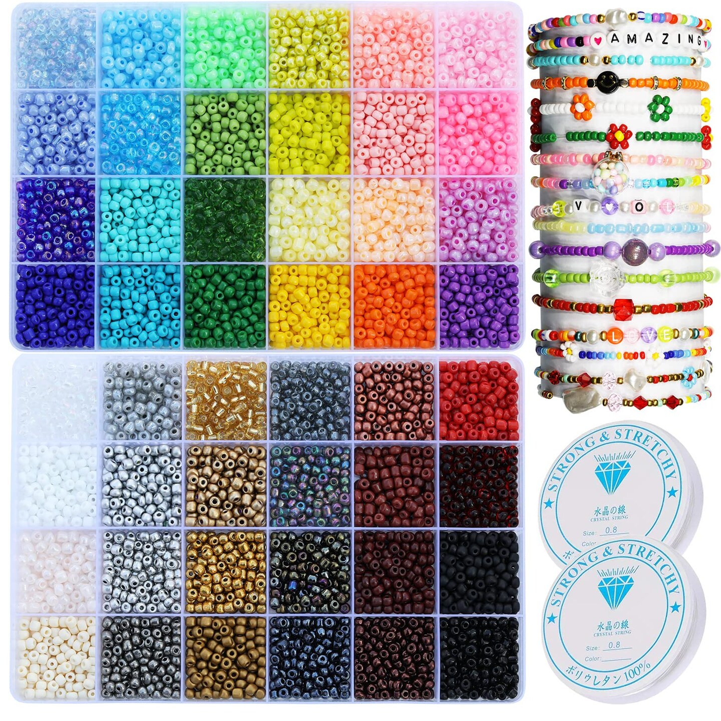 8600 pcs 4mm 6/0 48 Colors Glass Seed Beads, Charms Bracelet Jewelry Making Beads Kit Gifts Small Craft Glass Beads with Beading Elastic String for Bracelets Earrings Necklaces Making&#xFF08;48 Colors&#xFF09;