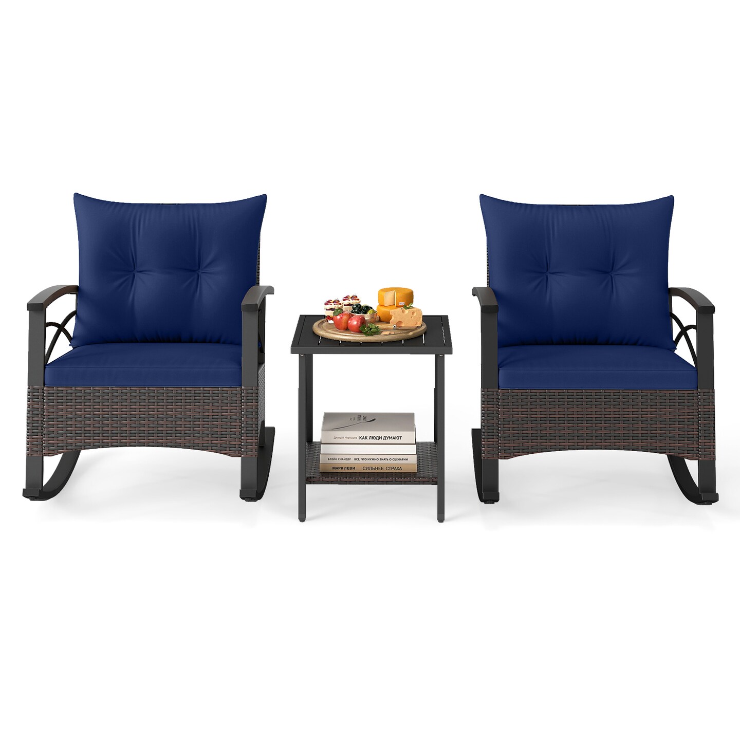 PE Rattan 3-Piece Rocking Bistro Set with Acacia Wood Top Table