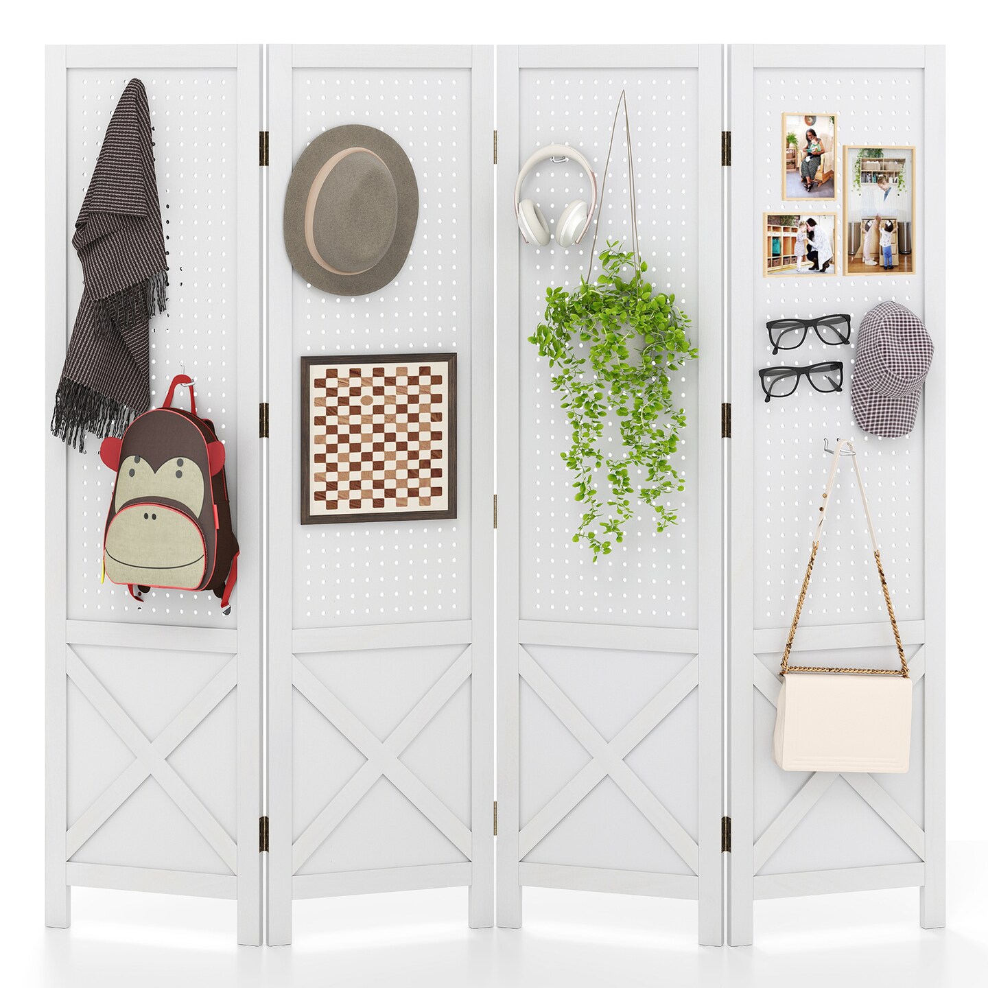 White Paulownia Wood Pegboard Room Divider 4-Panel Folding Display Stand