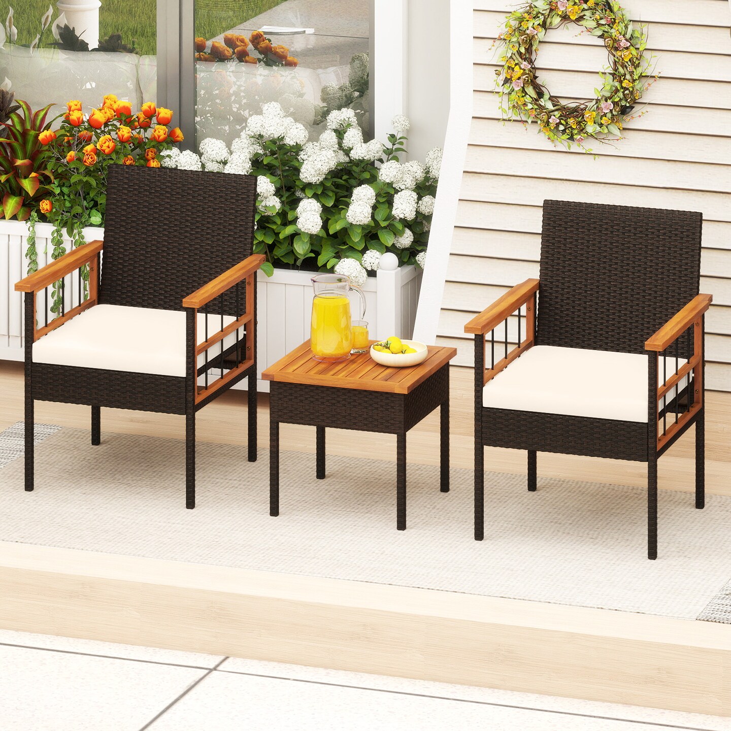 Balcony 3-Piece Wicker Set Acacia Wood Tabletop with Comfortable Armrest Chairs