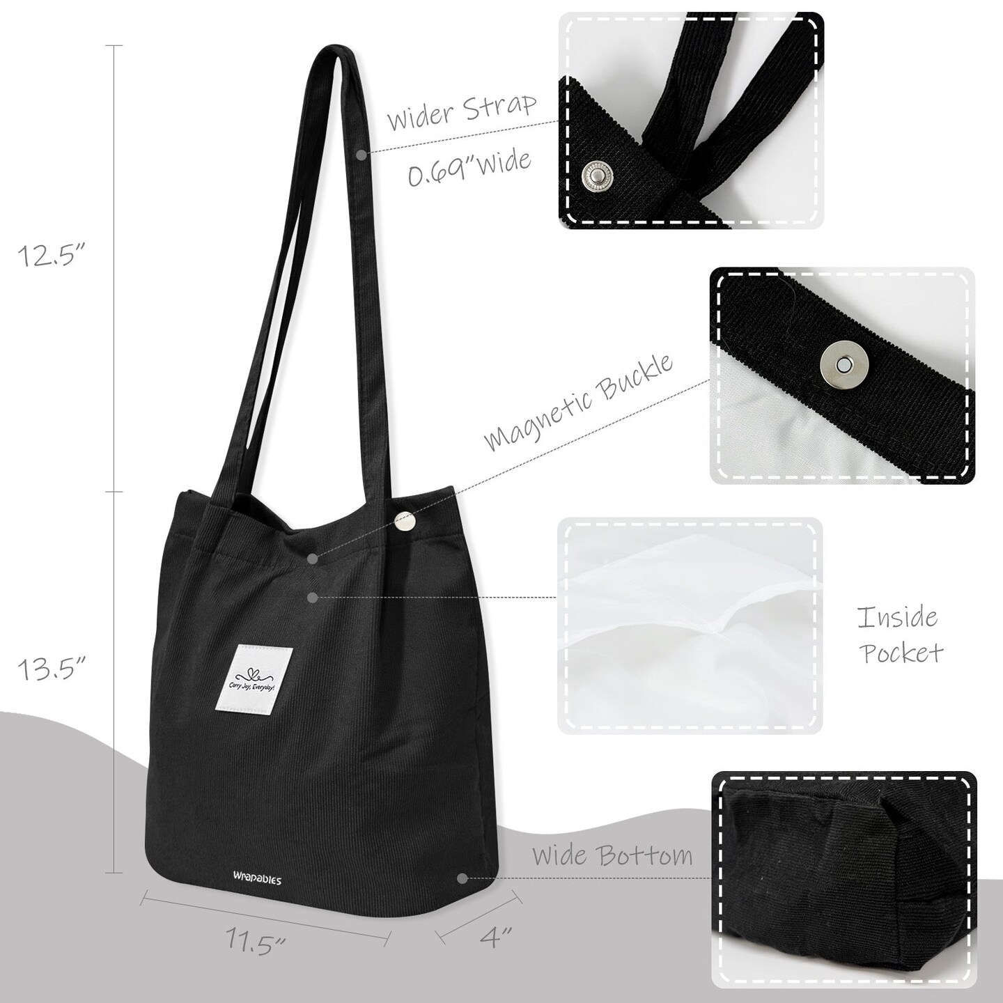 Wrapables Carry Joy Corduroy Tote Bag, Casual Shoulder Handbag, Black