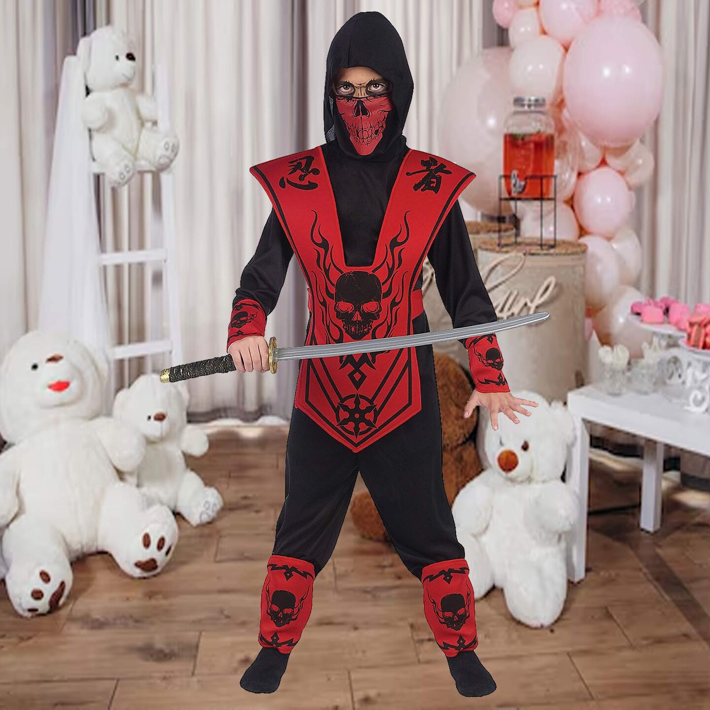 Red Black Ninja Costume for Kids with Skull Mask and Warrior Accessories