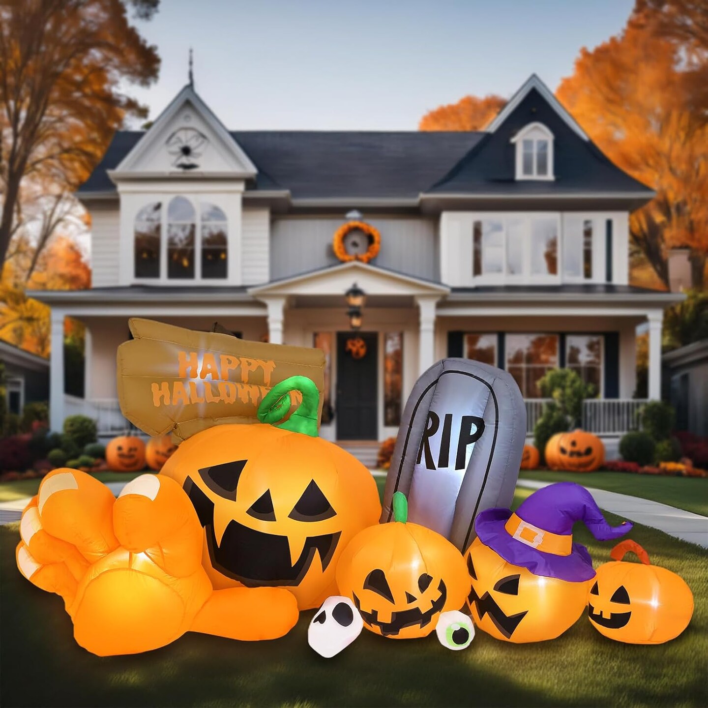 Long Inflatable Blow Ups Yard Decoration Pumpkin with Build-in LEDs(Main Orange)