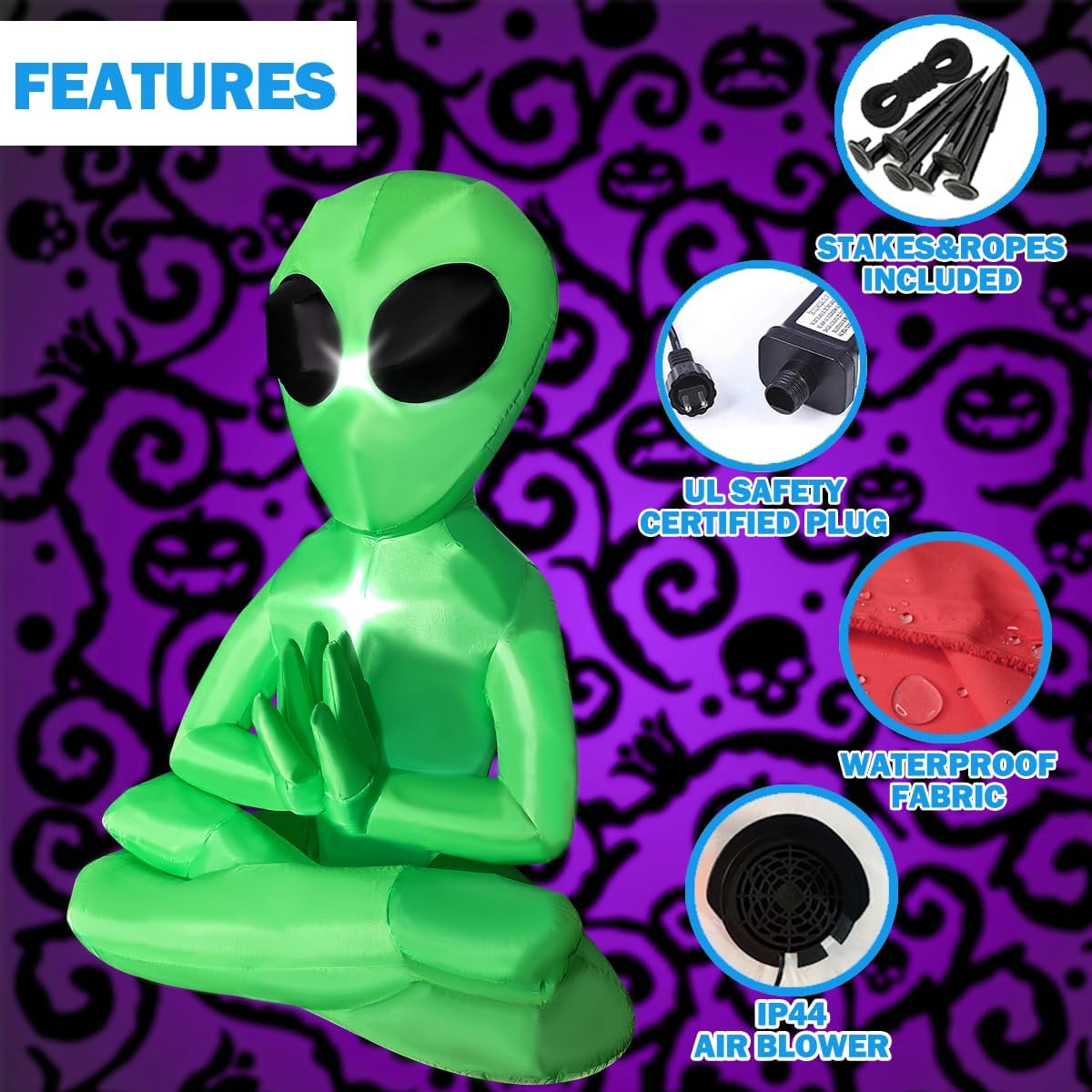 5 Ft Meditating Alien Blow Up Inflatables Yoga Alien Halloween Decorations with Build-in LEDs