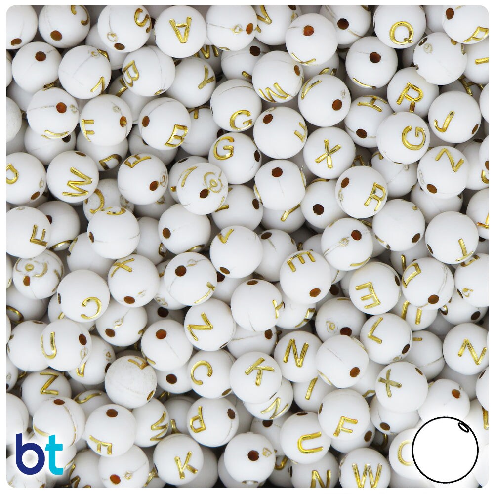BeadTin White Opaque 8mm Round Plastic Alpha Beads - Gold Letter Mix (200pcs)