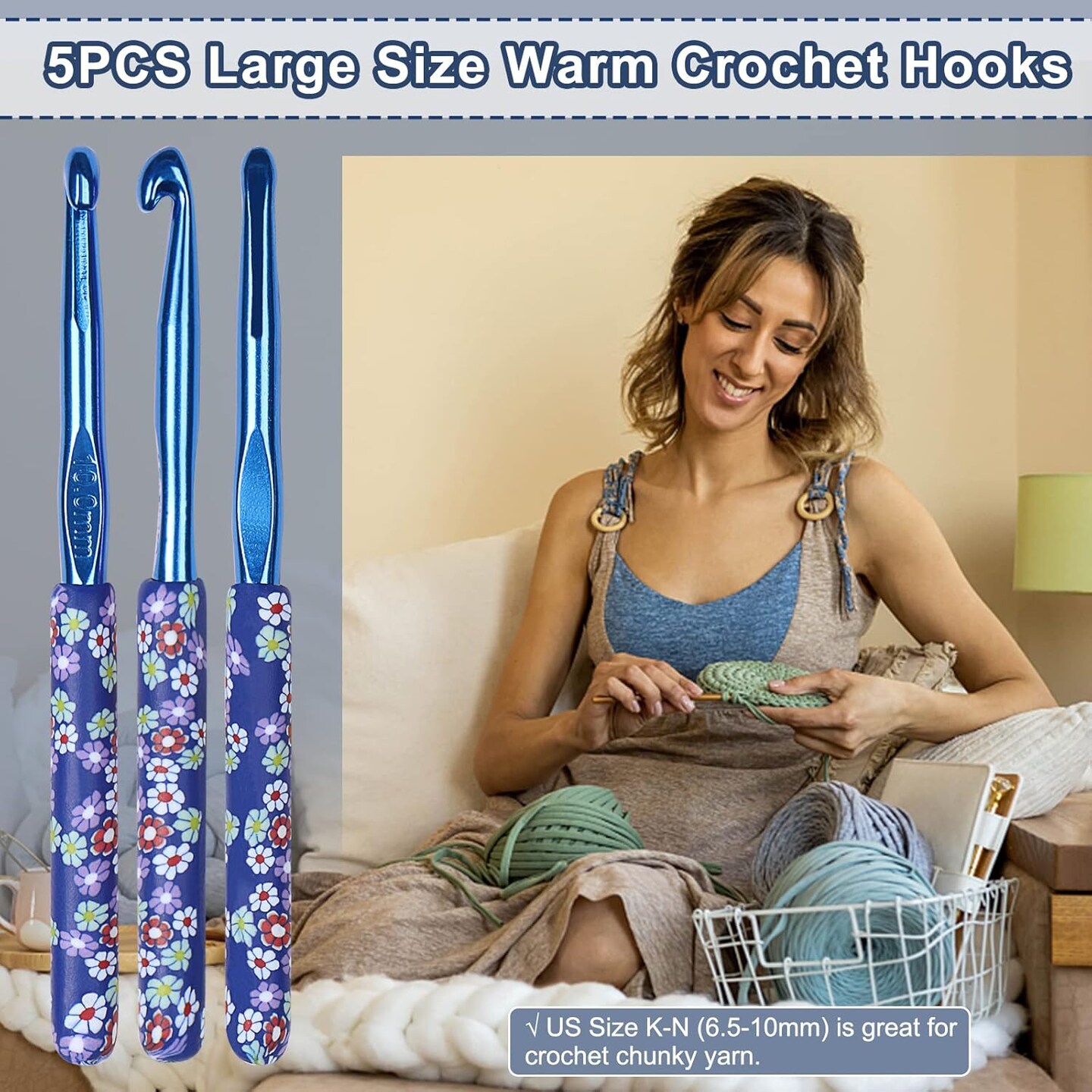 Large Size Warm Crochet Hooks for Crocheter, 6.5mm to 10mm Crochet Kit Crochet Hook Set Art Aluminum Soft Grip Crochet Needles for Crocheting, Comfort Knitting Hook Knitting & Crochet Supplies