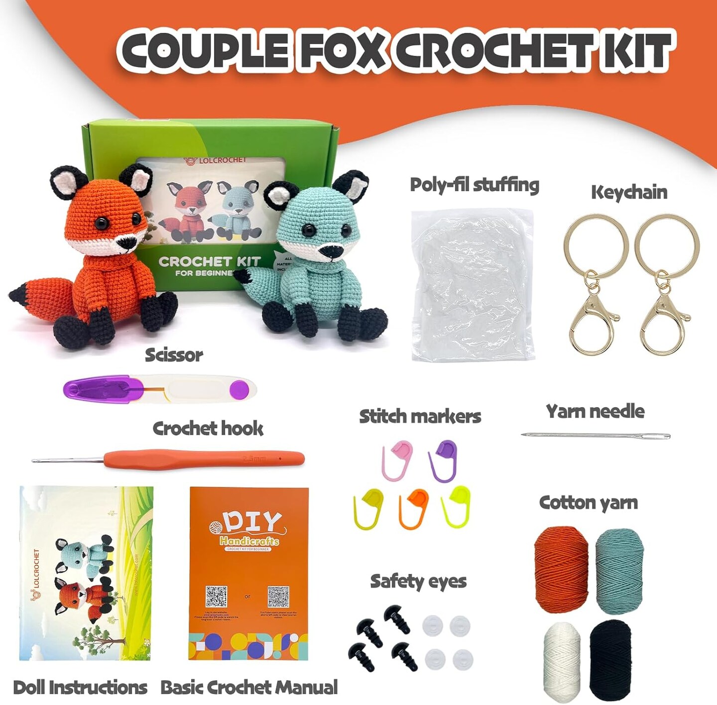 2 Pcs Fox Crochet Kit for Beginners, Couple Animals Amigurumi Starter Kit