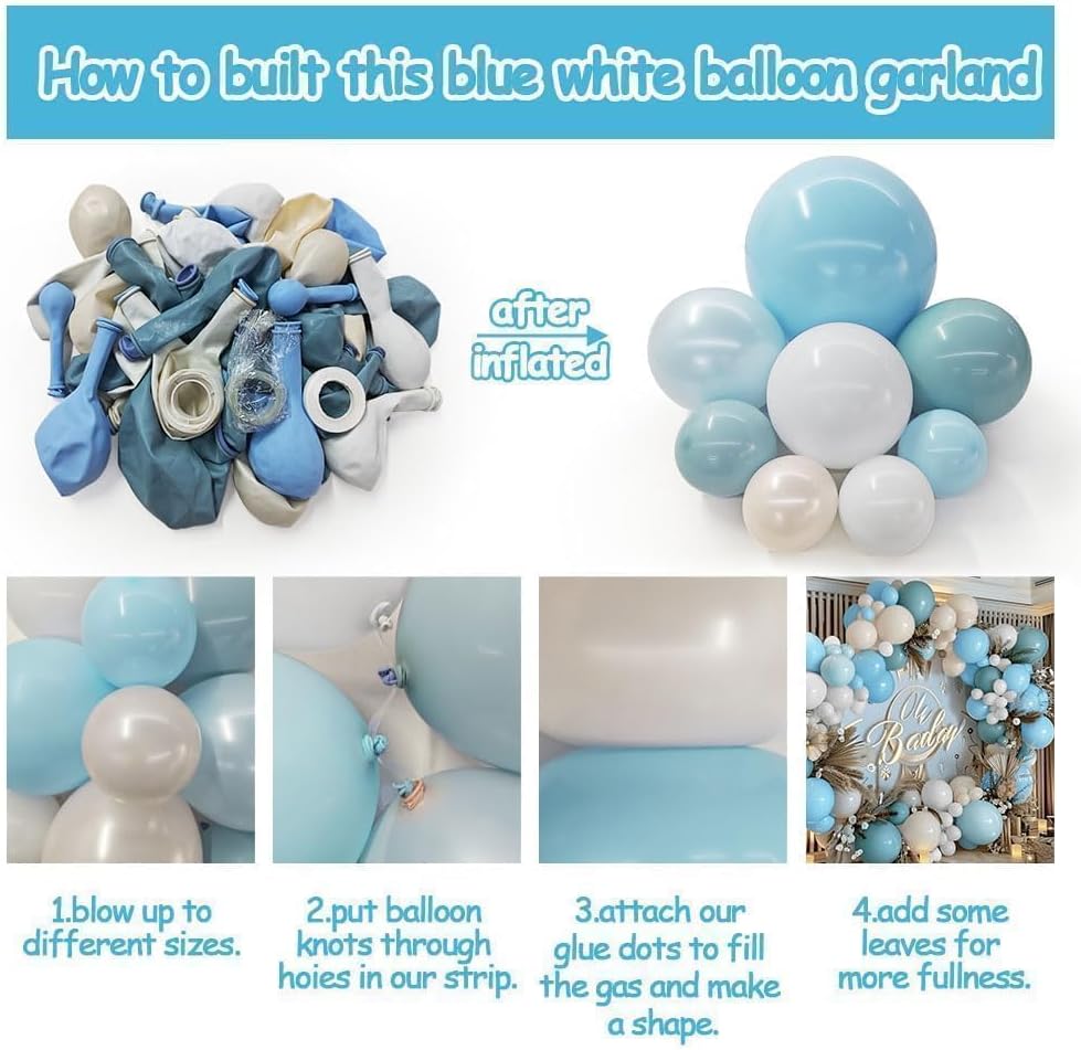 Pastel Blue White Balloon Arch Kit Double Stuffed Dusty Light Blue White Cream Balloon Garland for Baby Shower Birthday Wedding Boho Winter Party Decoration