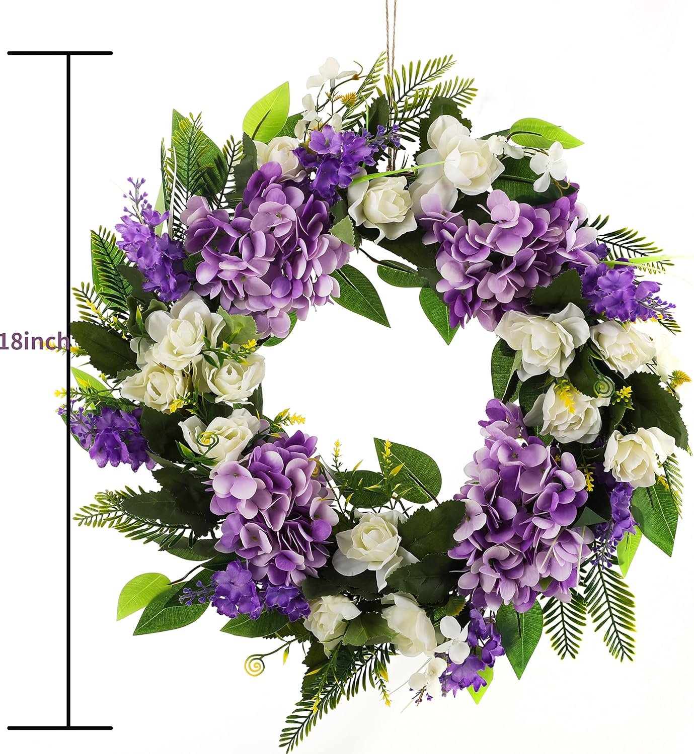 Summer Floral Wreaths for Front Door Green Plant Purple Hydrangea Weaths 18 inch on Grapevine Base, Perfect for Summer Wreaths Outdoor,Indoor and Farmhouse Decoration