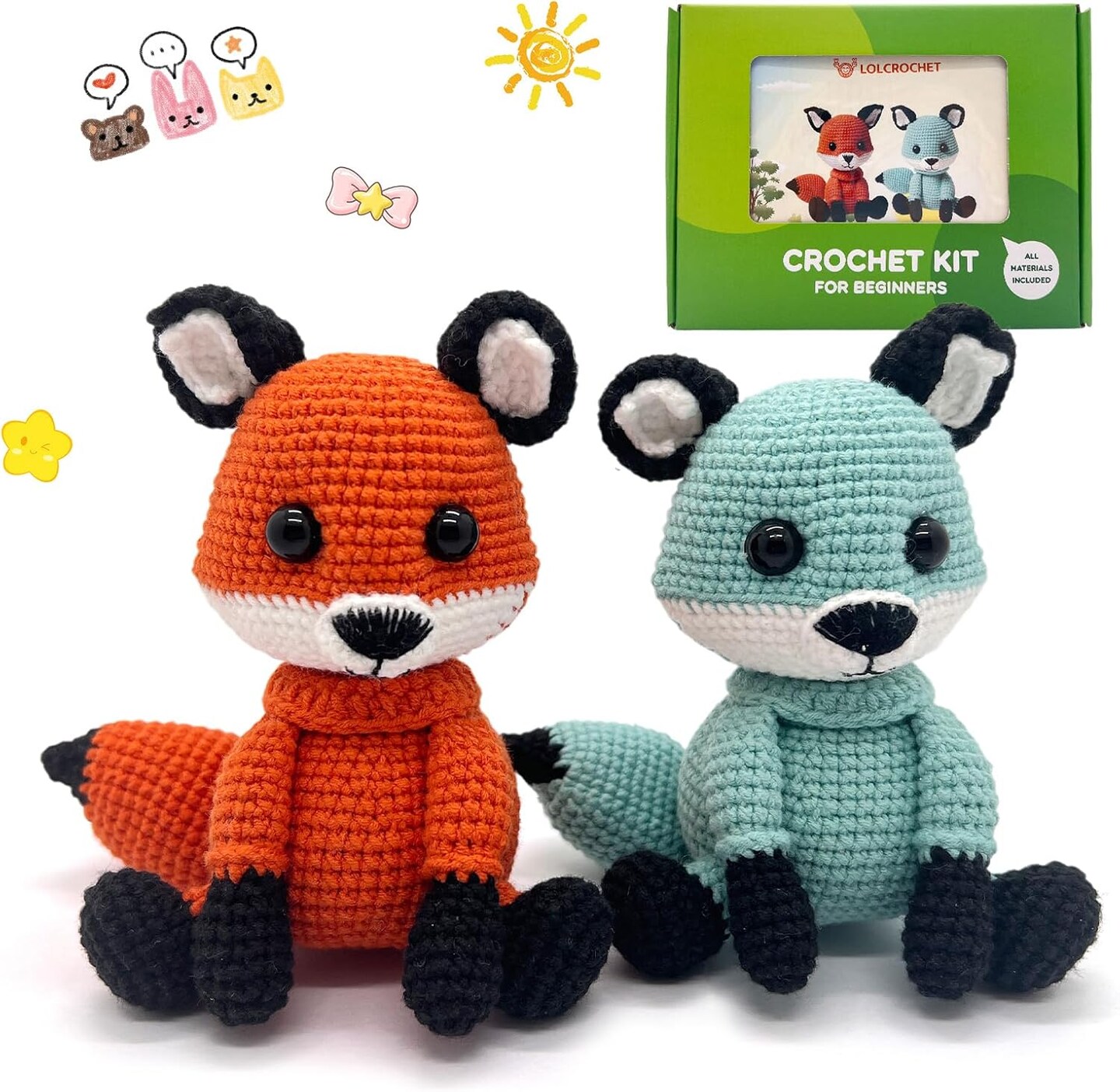 2 Pcs Fox Crochet Kit for Beginners, Couple Animals Amigurumi Starter Kit