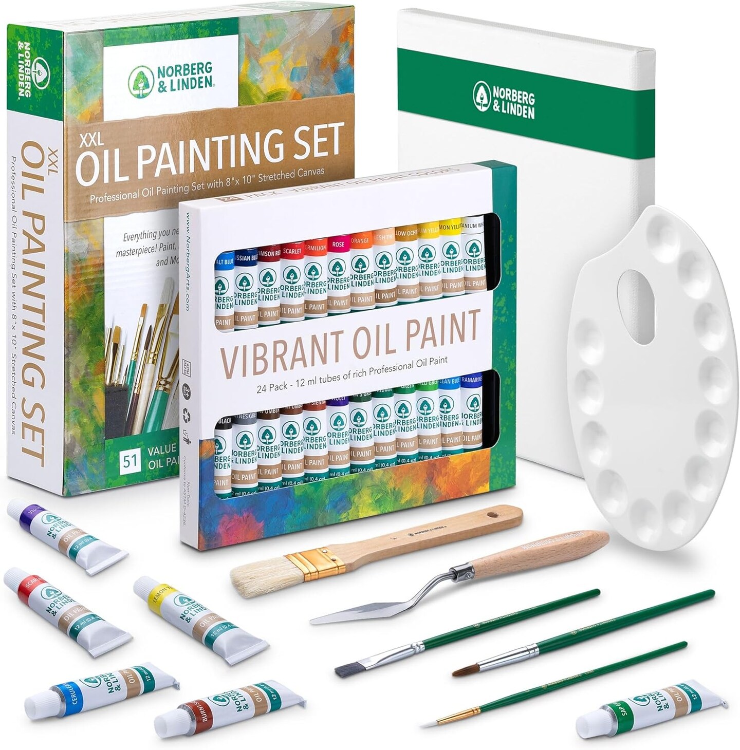 Oil Paint Set - 24 Paints, 25 Brushes, 1 Canvas, and Art Palette - Oil Painting Supplies for Kids and Adults, Paint Supplies