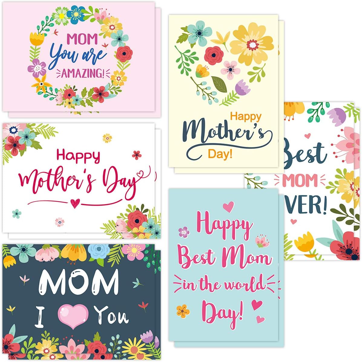 12 Pack Mother's Day Cards – Floral Happy Mother’s Day Blank Note Cards with Envelopes and Stickers