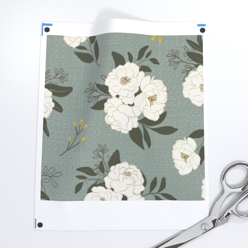 Botanical Spring Sage Green Peony Flowers Garden Custom Printed Fabric by Spoonflower Various Fabrics by the Yard or Fat Quarter