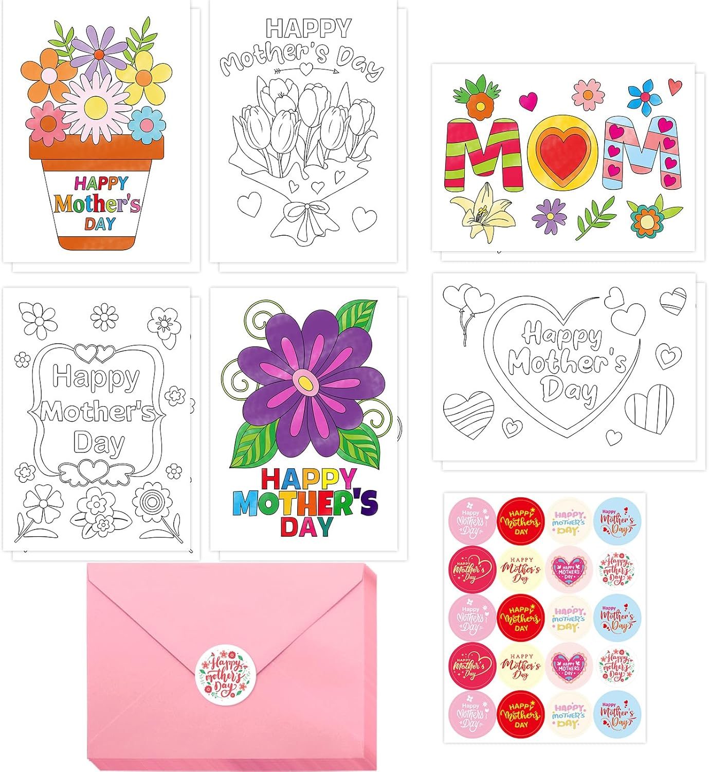 Mother’s Day Card Making Coloring Kit for Kids – 12 Pack DIY Color Your Own Flower Greeting Cards with Envelopes & Stickers, 5 x 7 Classroom Craft Activity Gifts for Mom