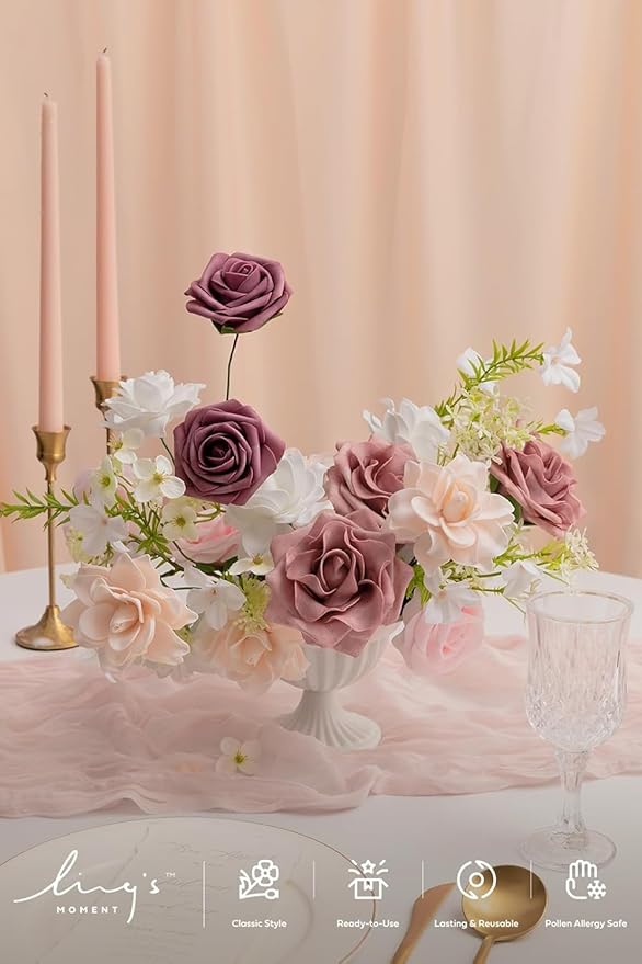 Flowers 25pcs Fake Gardenia Dusty Pink Rose Flowers Artificial Flowers with Stem, Fake Flower for DIY Wedding Decorations Centerpieces Bouquets Boutonnieres
