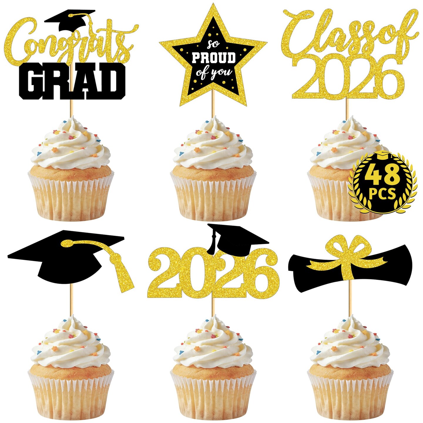 48 PCS Graduation Cupcake Toppers, 6 Styles Congrats Grad Cake Topper, Black and Gold Graduation Decorations 2026, Glittery Cap and Diploma Cake Picks for Grad Party Decor Supplies