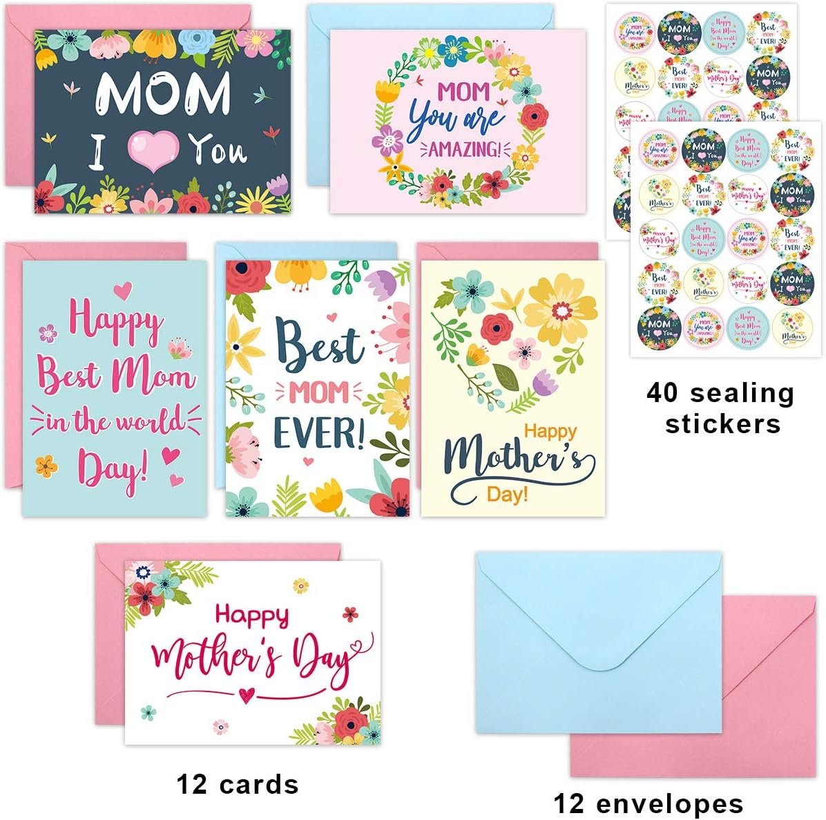 12 Pack Mother's Day Cards – Floral Happy Mother’s Day Blank Note Cards with Envelopes and Stickers