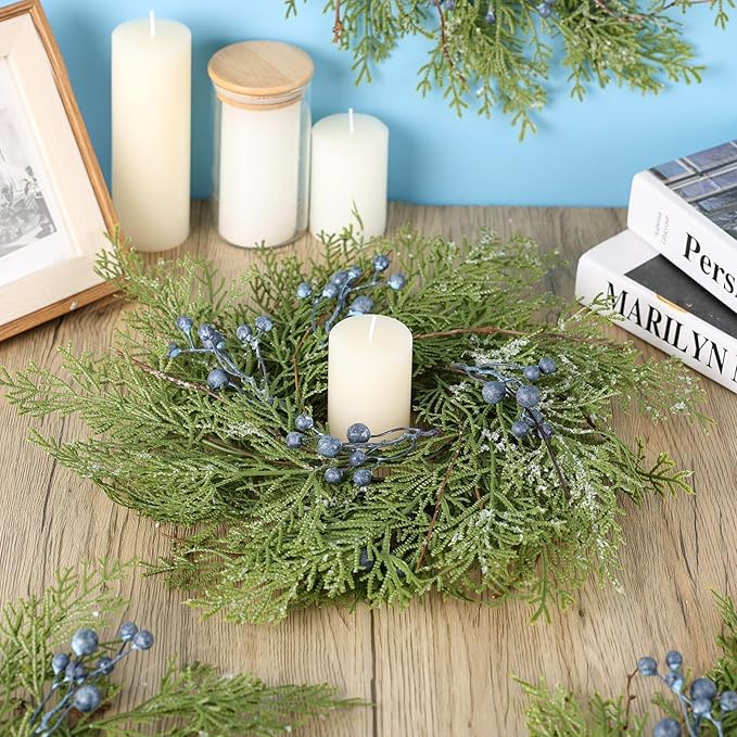 6 Pcs Small Blueberry Swags Spring Summer Wreath Mini Kitchen Candle Rings 3” Blue Berry Cabinet Wreaths with Retro Burlap Ribbon for Farmhouse Rustic Home Front Door Window Wedding Chair Wall