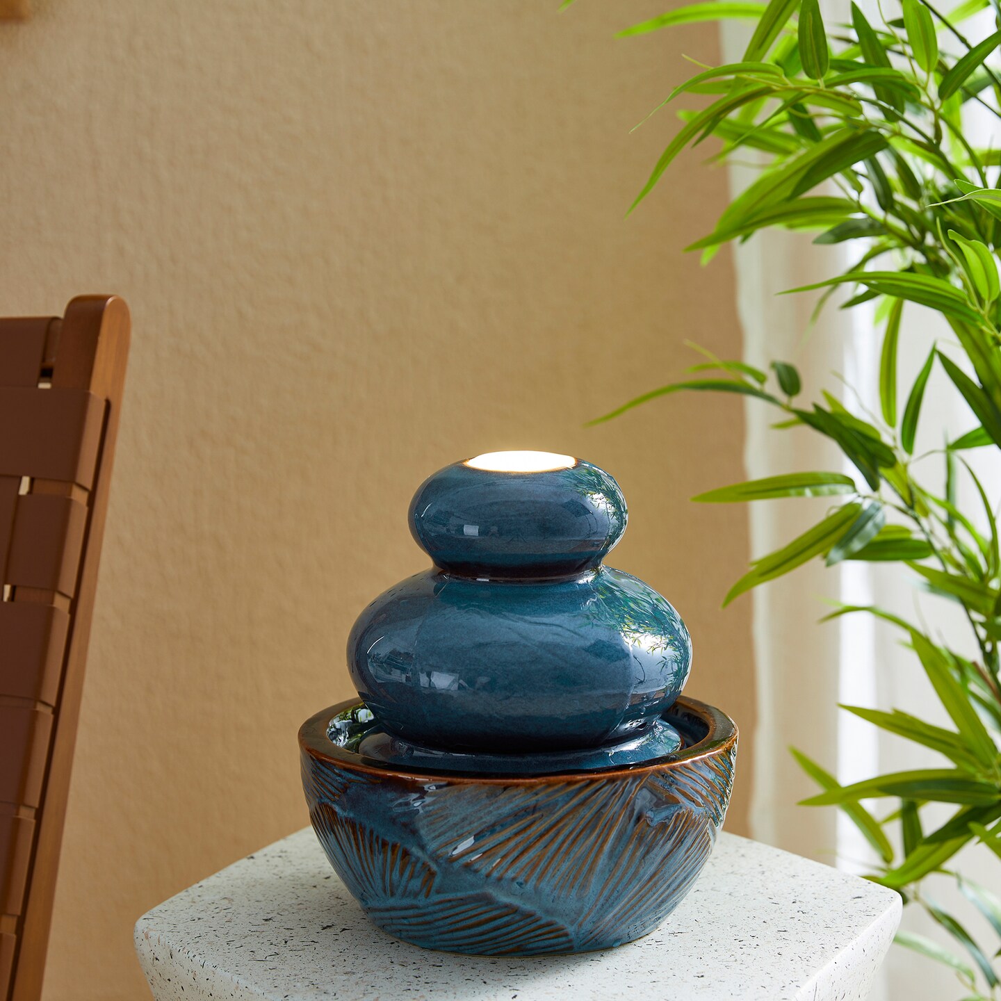8.75&#x27;&#x27;H Turquoise Leaf Textured Ceramic Tabletop Fountain with Pump and LED light