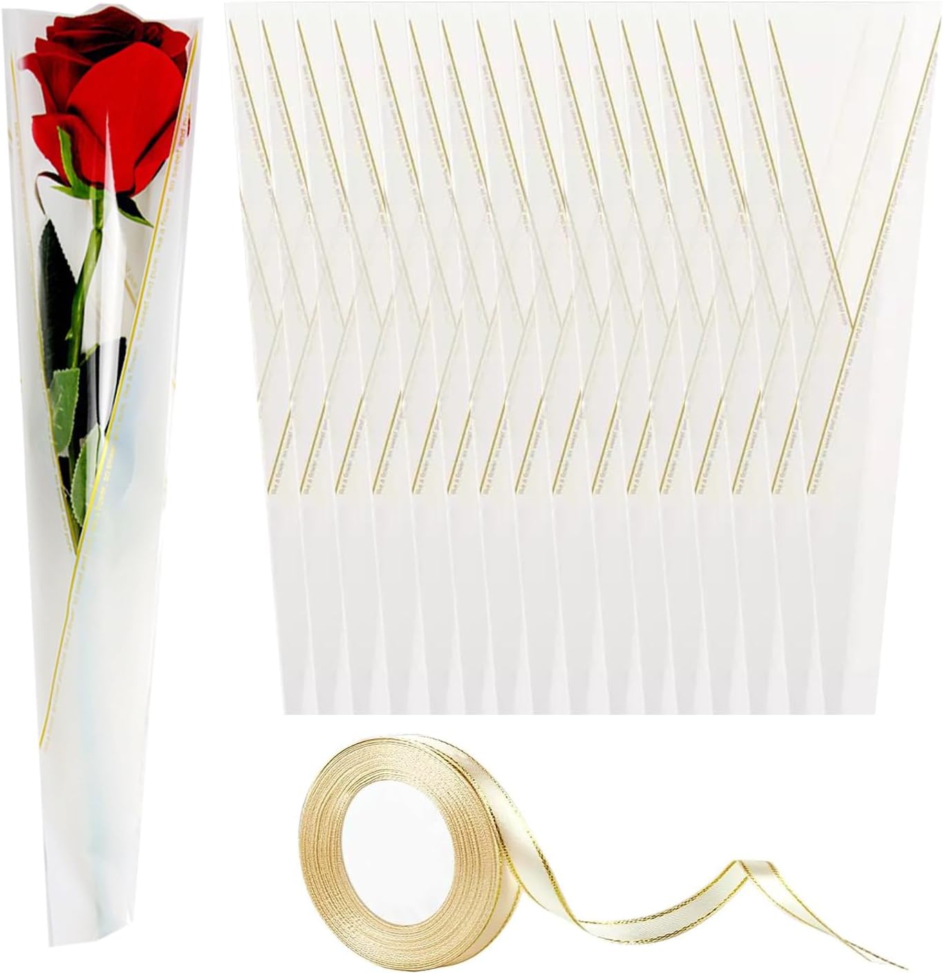 100pcs Single Flower Sleeves with BONUS Ribbons, Rose Wrapping Bags Waterproof Single Flower Packaging Bags for Floral Arrangement Supply Wedding Valentine&#x27;s Day Mother&#x27;s Day