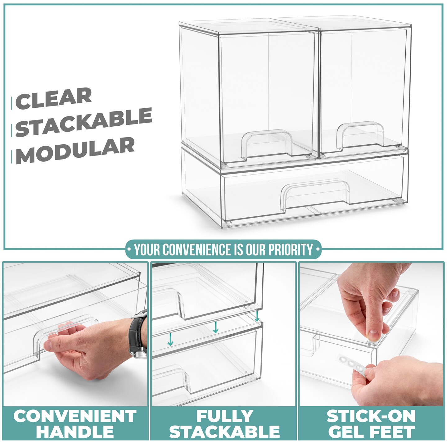 Sorbus Acrylic Storage Containers with Pull-Out Drawers - 3 Pack, 2 Sizes Clear Stackable Storage Bins Set