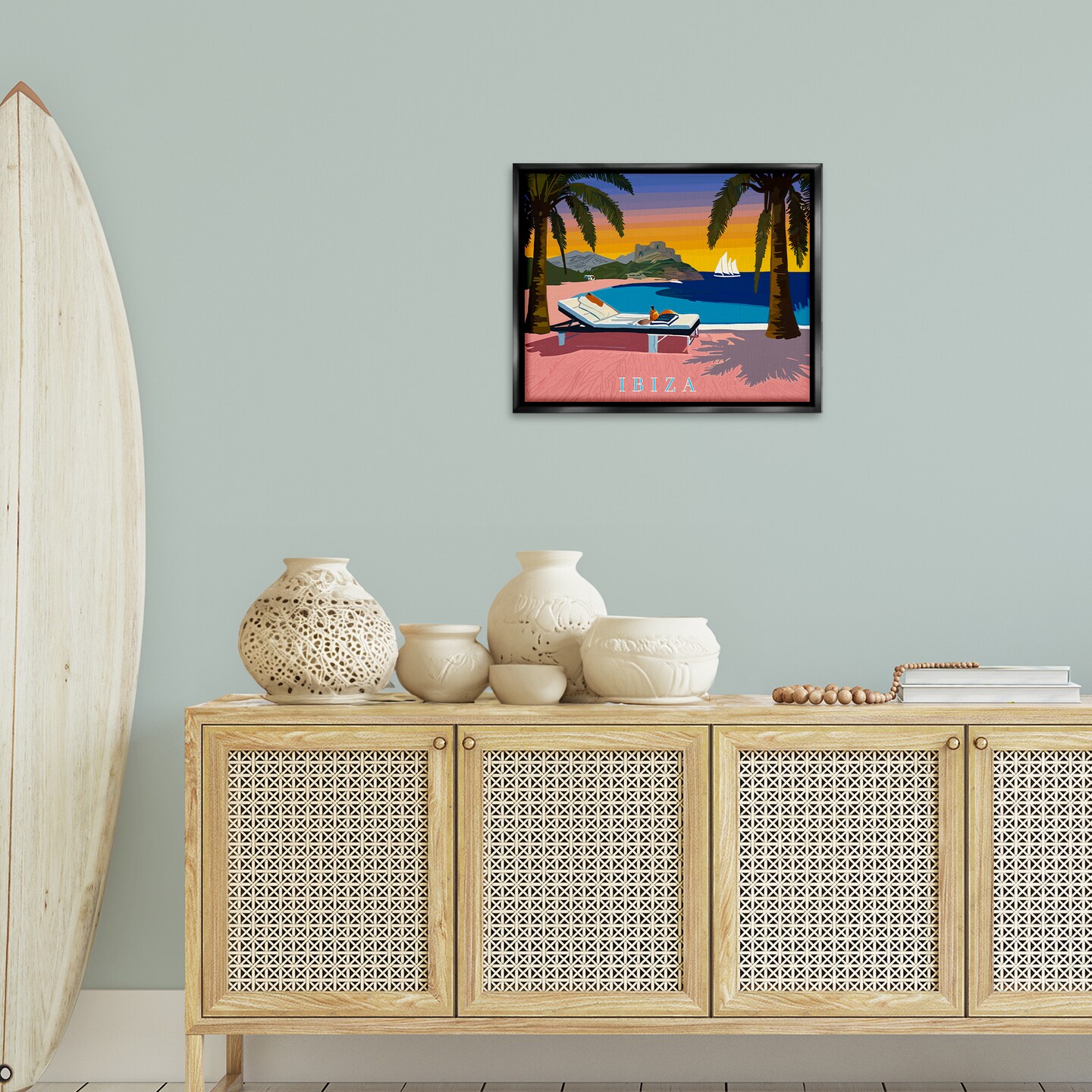 Stupell Industries Ibiza Tropical Beach View Framed Floater Canvas Wall Art Design by Amelia Noyes