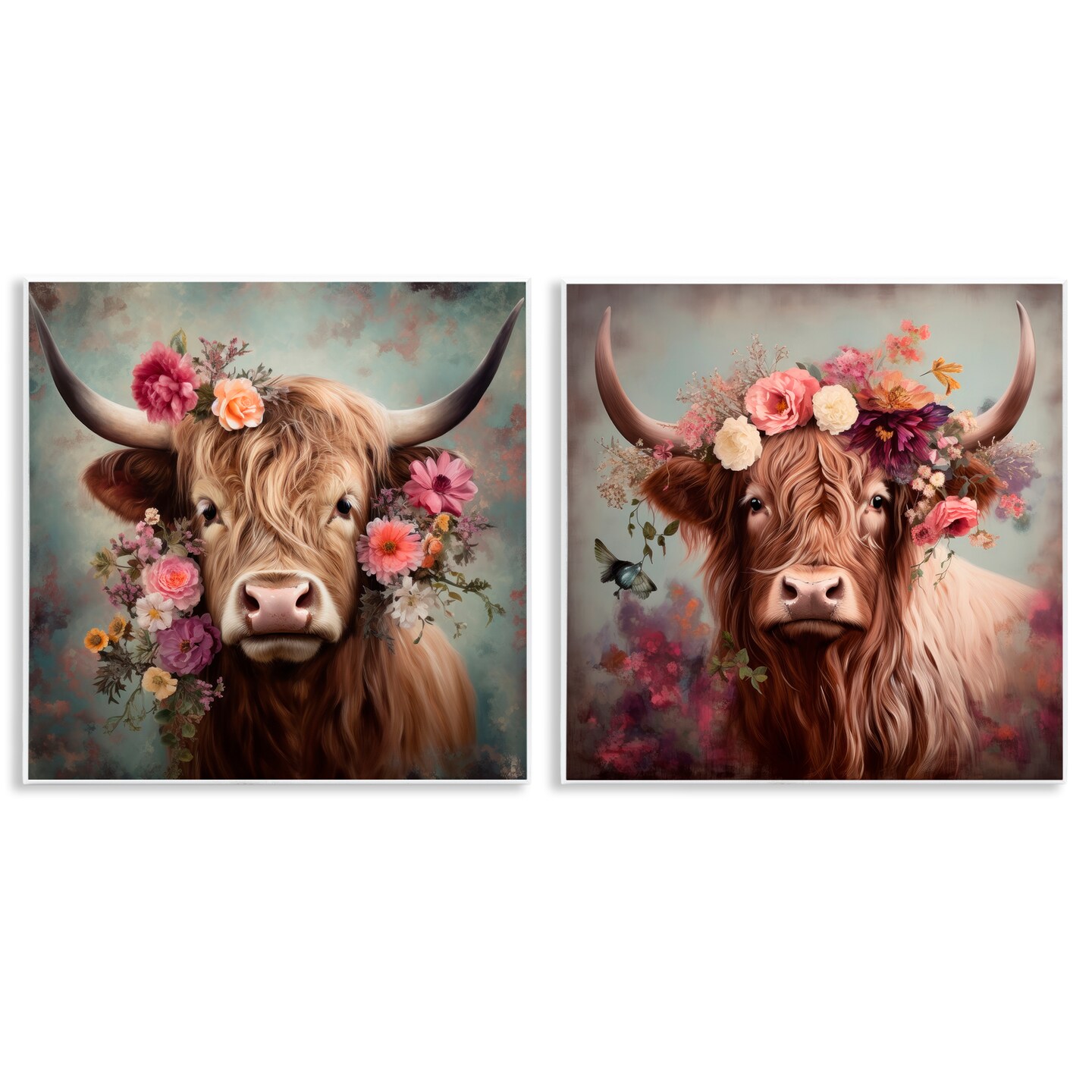 Stupell Industries Highland Cow Field Flower Crown 2 pc Wall Plaque Art Set Design by Irena Orlov